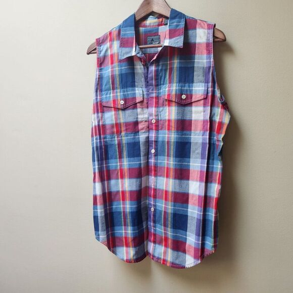 Vintage lizwear plaid picnic sleeveless blouse / L - Picture 2 of 4